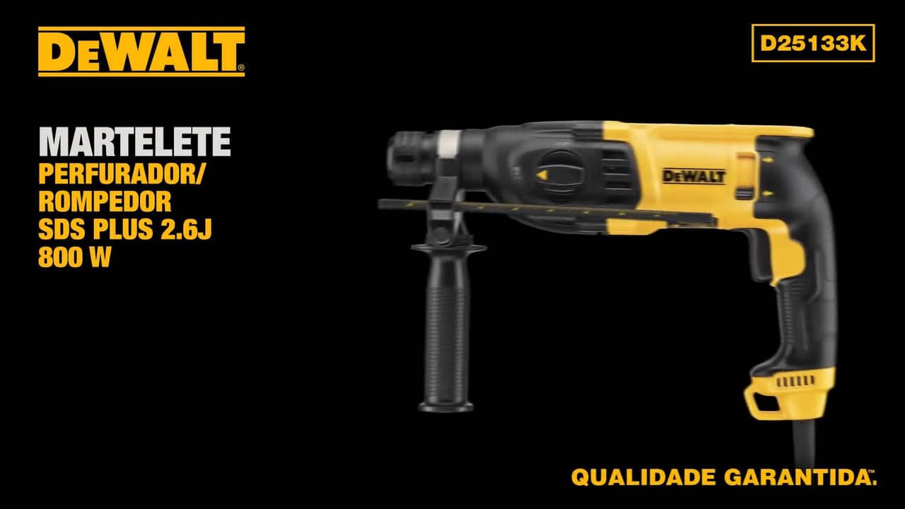 DEWALT D25133K é um martelete eletropneumático SDS Plus de 800W e 2,6J, ideal para perfurações rápidas e precisas em concreto, alvenaria e madeira. Potente, resistente e confortável para uso profissional no dia a dia.